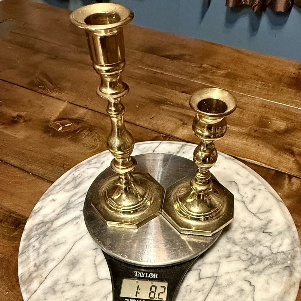 2pc VTG Heavy Baldwin Brass Spindle Candlesticks Candle Holder 5" & 7" USA - Picture 4 of 4